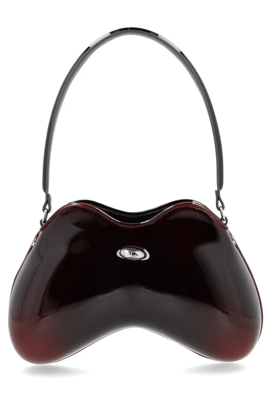 A glossy burgundy patent leather diesel women’s double bag with a sleek curved design and silver logo plaque