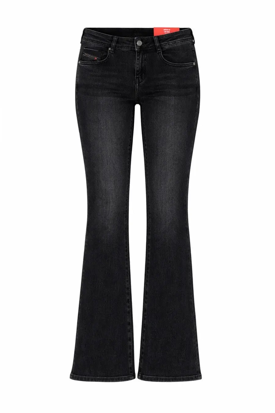 Diesel women’s ebbey black denim flare jeans with subtle faded wash and classic stitching details front view