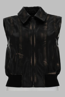 Diesel women’s gilet bomber in black leather with subtle distressed texture and small embroidered logo on chest
