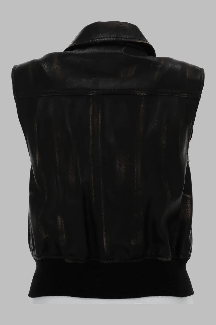 Black leather vest with collar and ribbed hem diesel women’s gilet bomber con effetto distressed brown