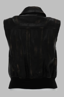 Black leather vest with collar and ribbed hem diesel women’s gilet bomber con effetto distressed brown