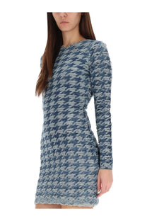 Diesel women’s halma dress blue fitted long-sleeved knit dress with blue and gray houndstooth pattern and scalloped hem
