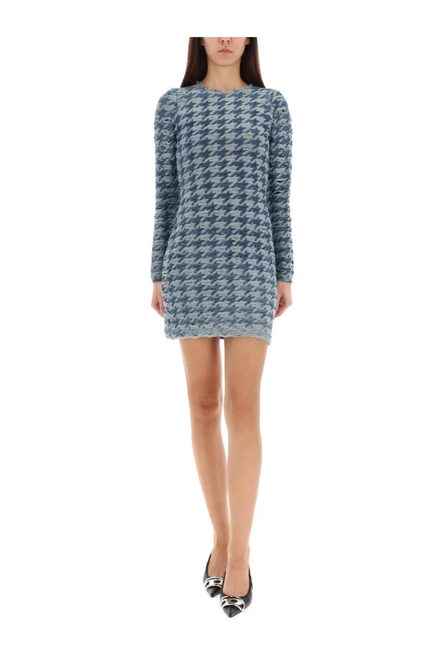 Diesel women’s Halma dress blue fitted long-sleeved mini dress with blue and white houndstooth textured knit fabric