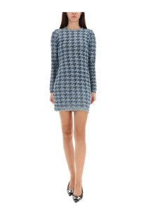 Diesel women’s Halma dress blue fitted long-sleeved mini dress with blue and white houndstooth textured knit fabric