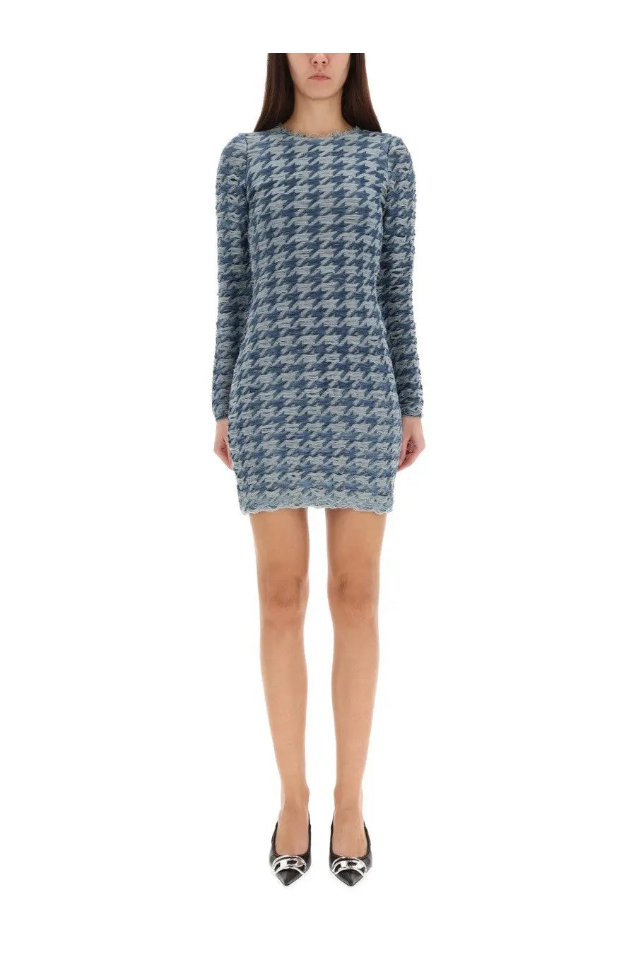 Diesel women’s Halma dress blue fitted long-sleeved mini dress in blue and gray houndstooth textured knit fabric