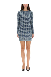Diesel women’s Halma dress blue fitted long-sleeved mini dress in blue and gray houndstooth textured knit fabric