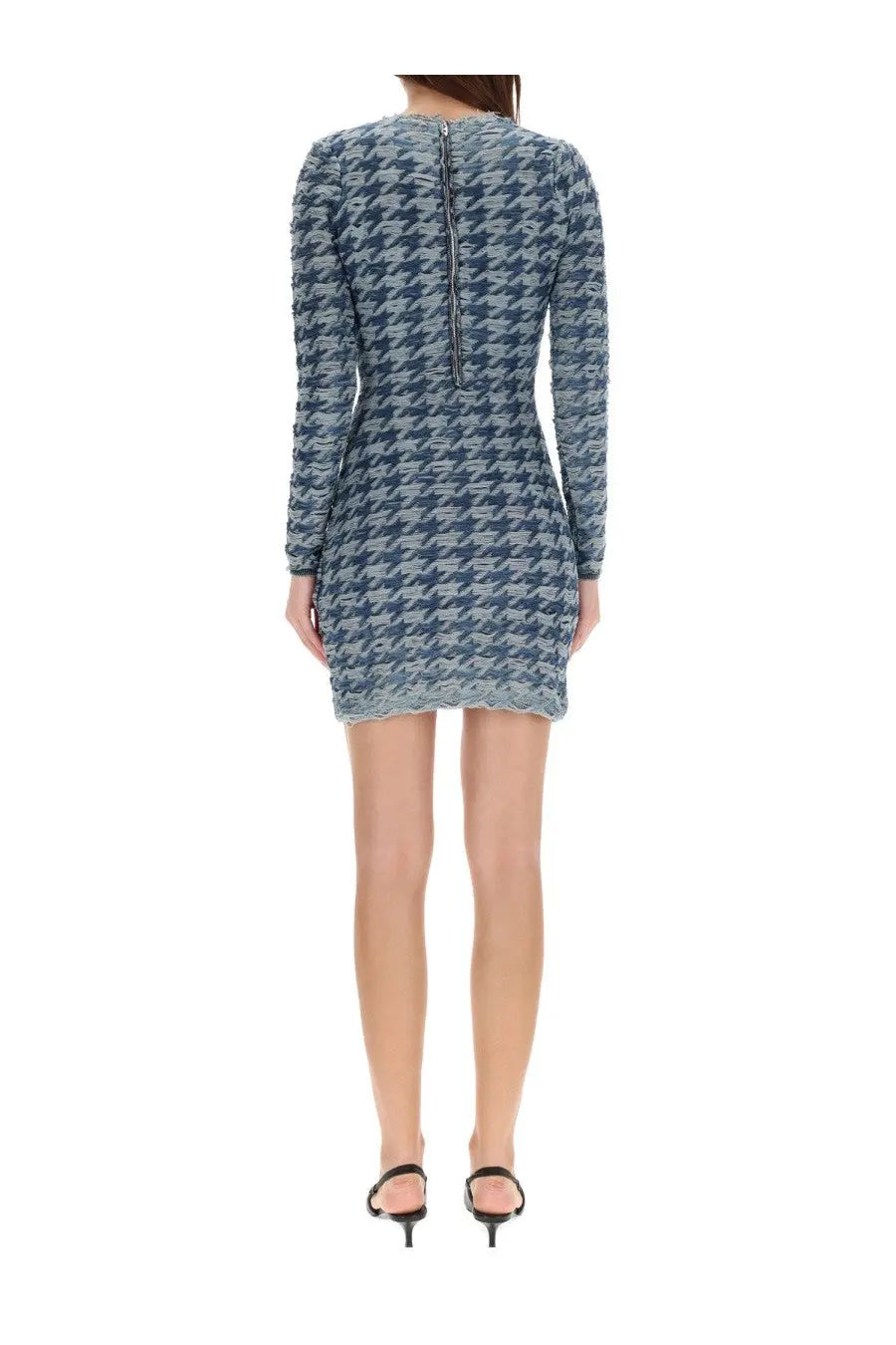 Diesel womens Halma dress blue navy and gray houndstooth mini dress with long sleeves back zipper and scalloped hemline