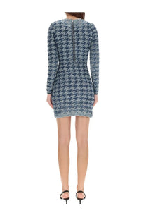 Diesel womens Halma dress blue navy and gray houndstooth mini dress with long sleeves back zipper and scalloped hemline