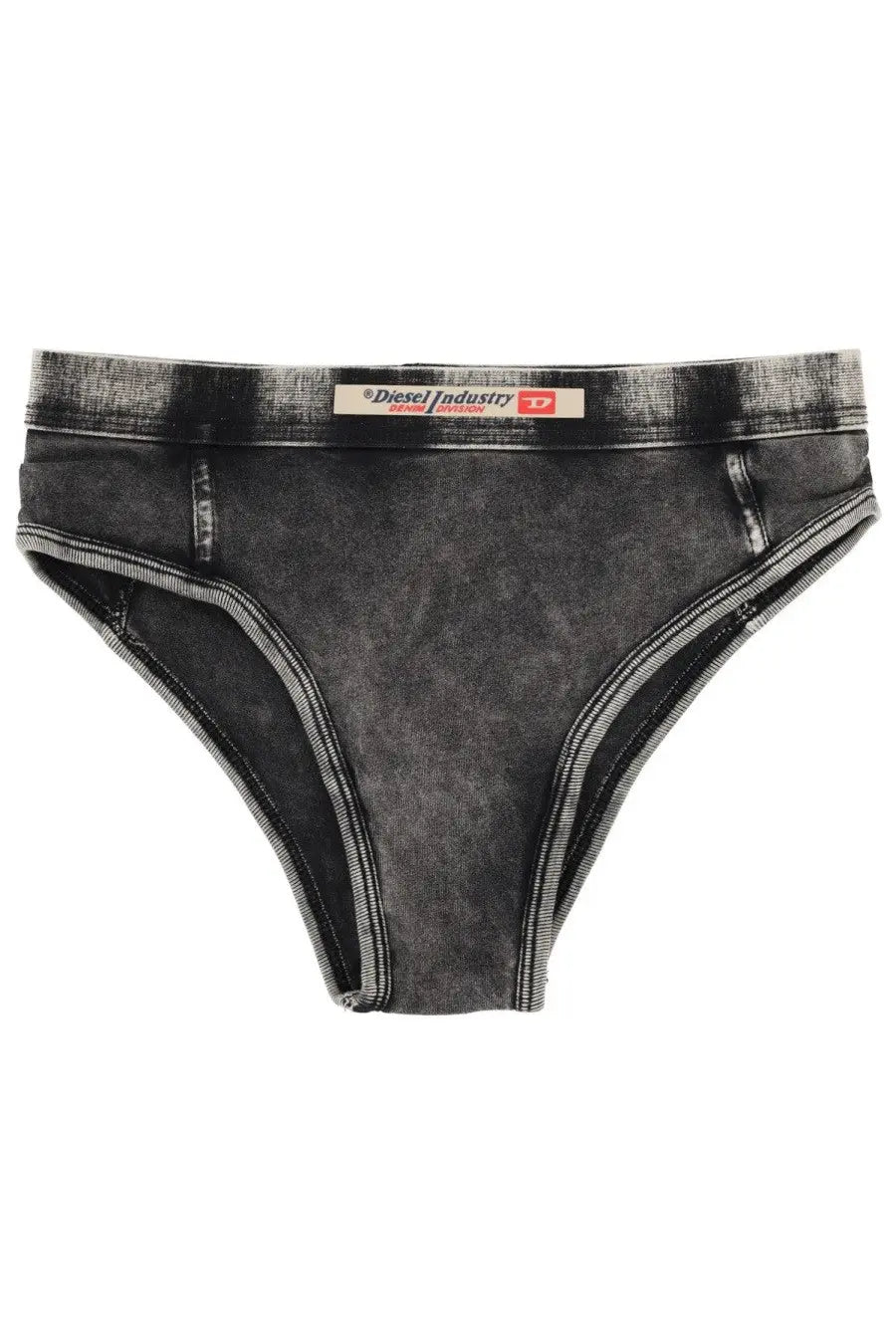 Diesel women’s hipster dnm briefs in black denim with faded distressed texture and white contrast stitching