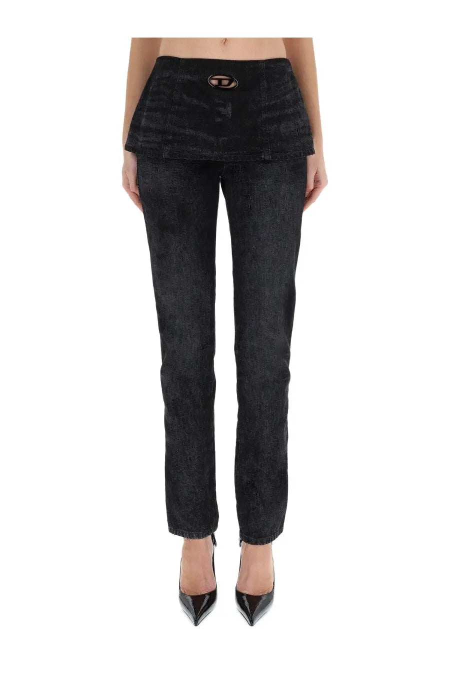 Diesel women’s Hourjian black denim jeans with distinctive front flap and small circular logo patch at the waistband
