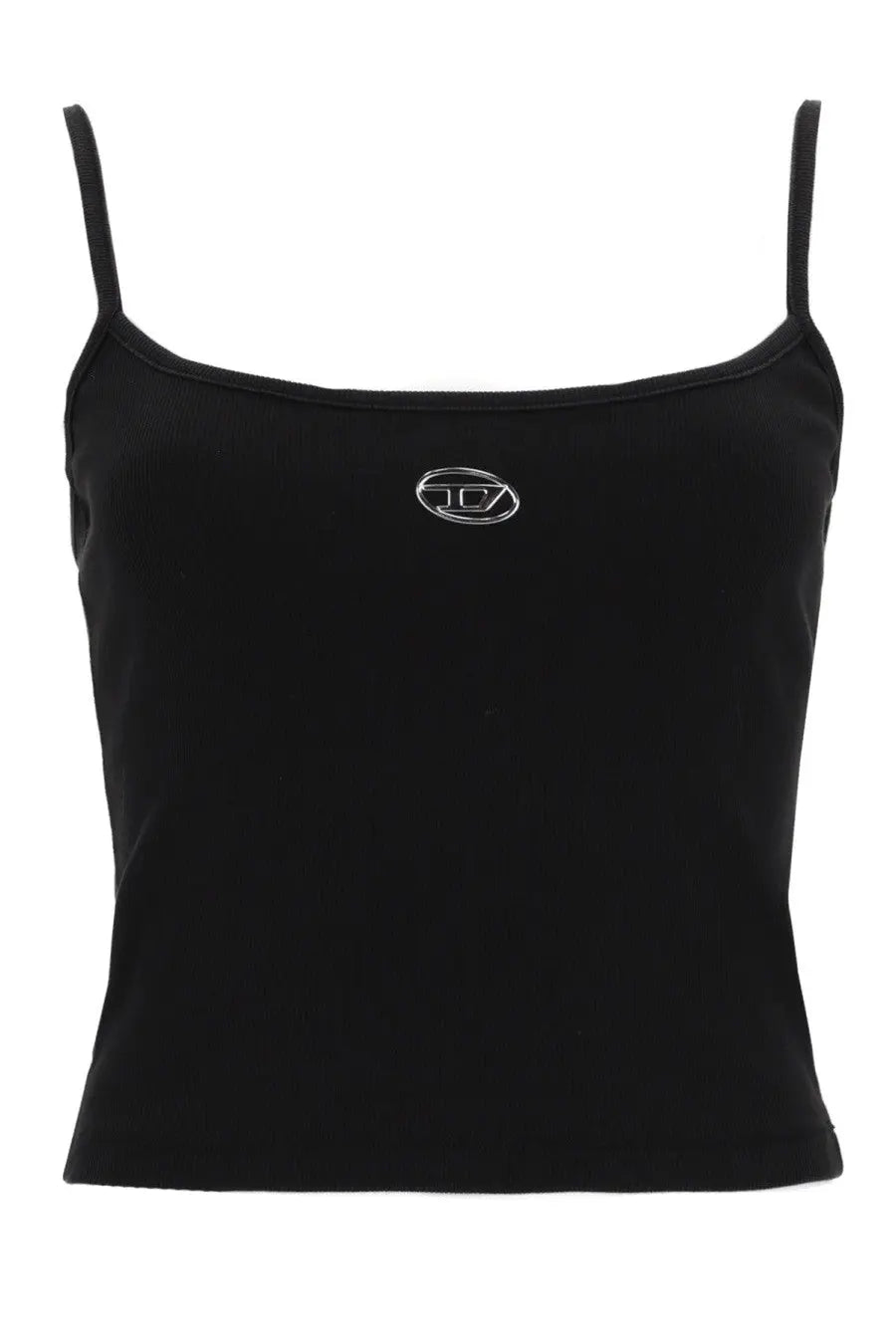 Diesel women’s hupy od top black cropped camisole with thin straps and small silver logo on the chest