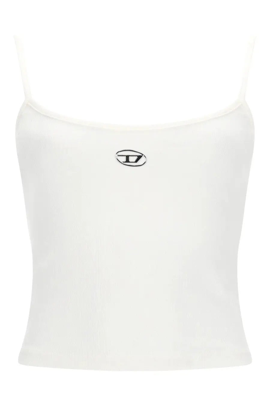 Diesel women’s white cropped spaghetti strap top with black embroidered logo at the center