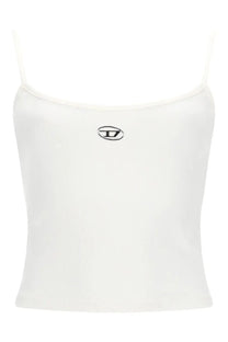 Diesel women’s white cropped spaghetti strap top with black embroidered logo at the center