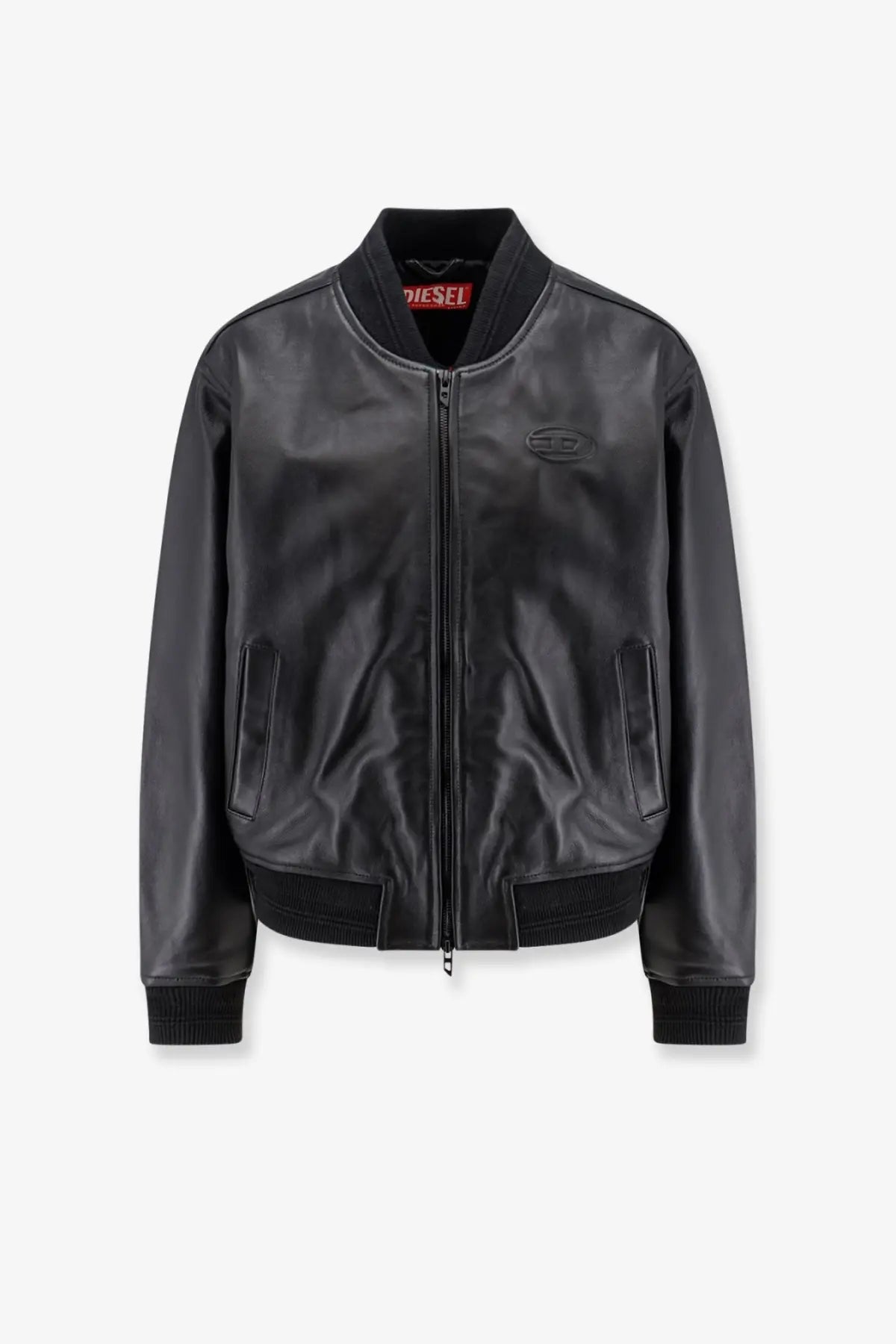 Diesel women’s Ilyan black leather bomber jacket with ribbed cuffs collar and subtle embroidered chest logo
