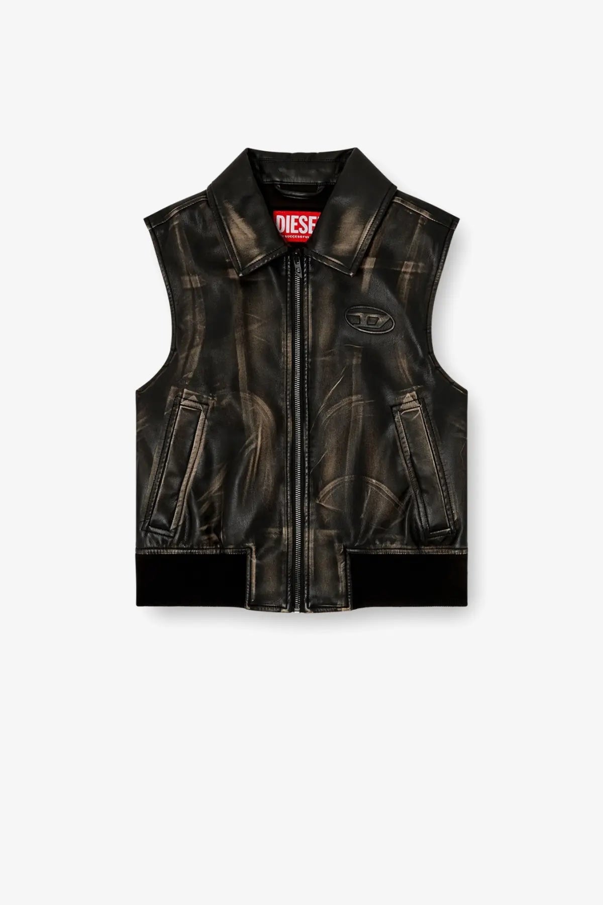Diesel women’s Inko black faux leather sleeveless jacket with a subtle distressed texture and contrasting black trim