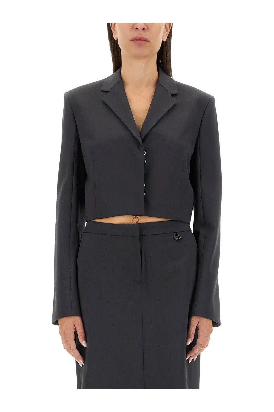 Diesel women’s black tailored blazer with cropped fit and structured shoulders for a stylish professional look