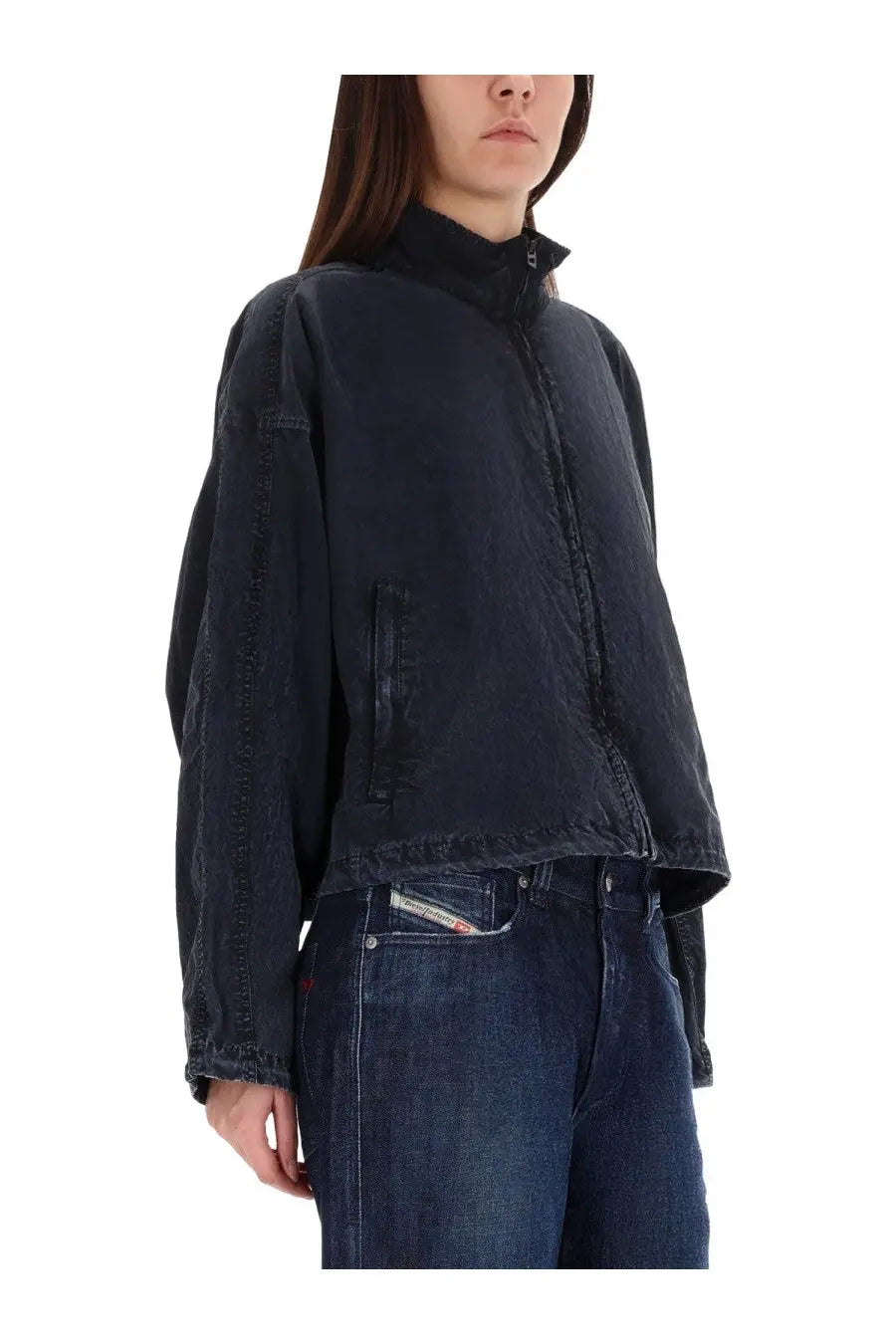 Dark blue denim jacket with high collar and front zipper from diesel womens grey jacket collection