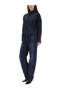 Diesel women’s grey denim jacket with high collar and zippered pockets in dark blue fabric