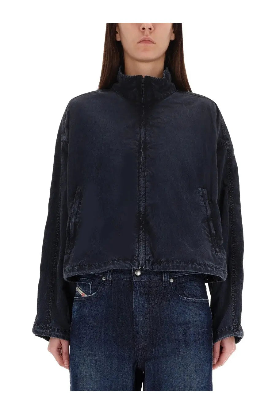 Diesel women’s dark blue denim jacket with high collar and front zipper in grey material for casual wear