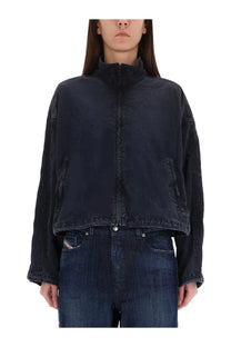 Diesel women’s dark blue denim jacket with high collar and front zipper in grey material for casual wear