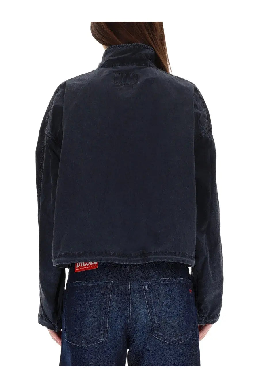 Diesel women’s dark-wash denim jacket grey with cropped oversized fit and subtle distressed detailing front view