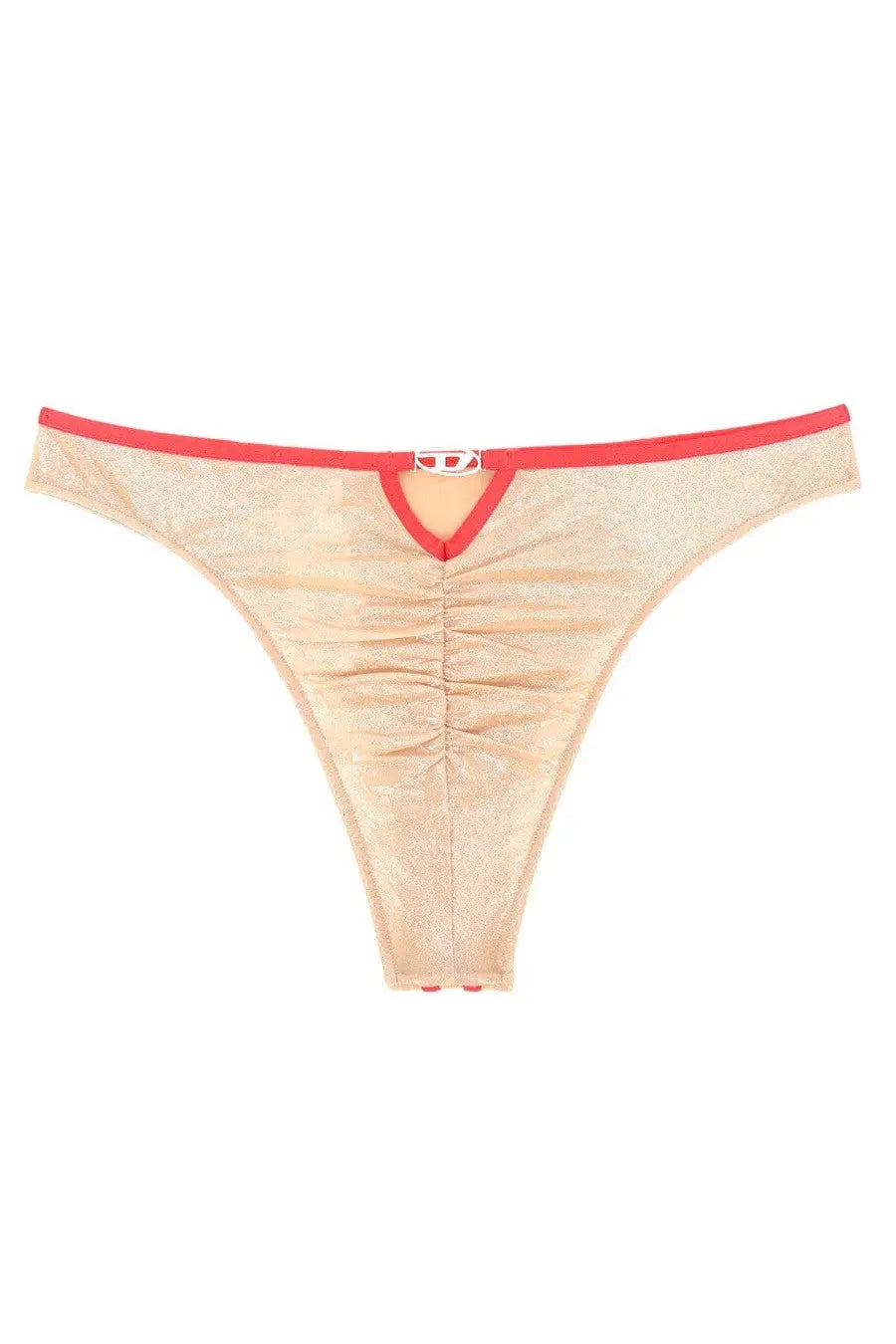 Beige lace thong brief with red trim and silver buckle at the back from diesel women’s janie gft collection