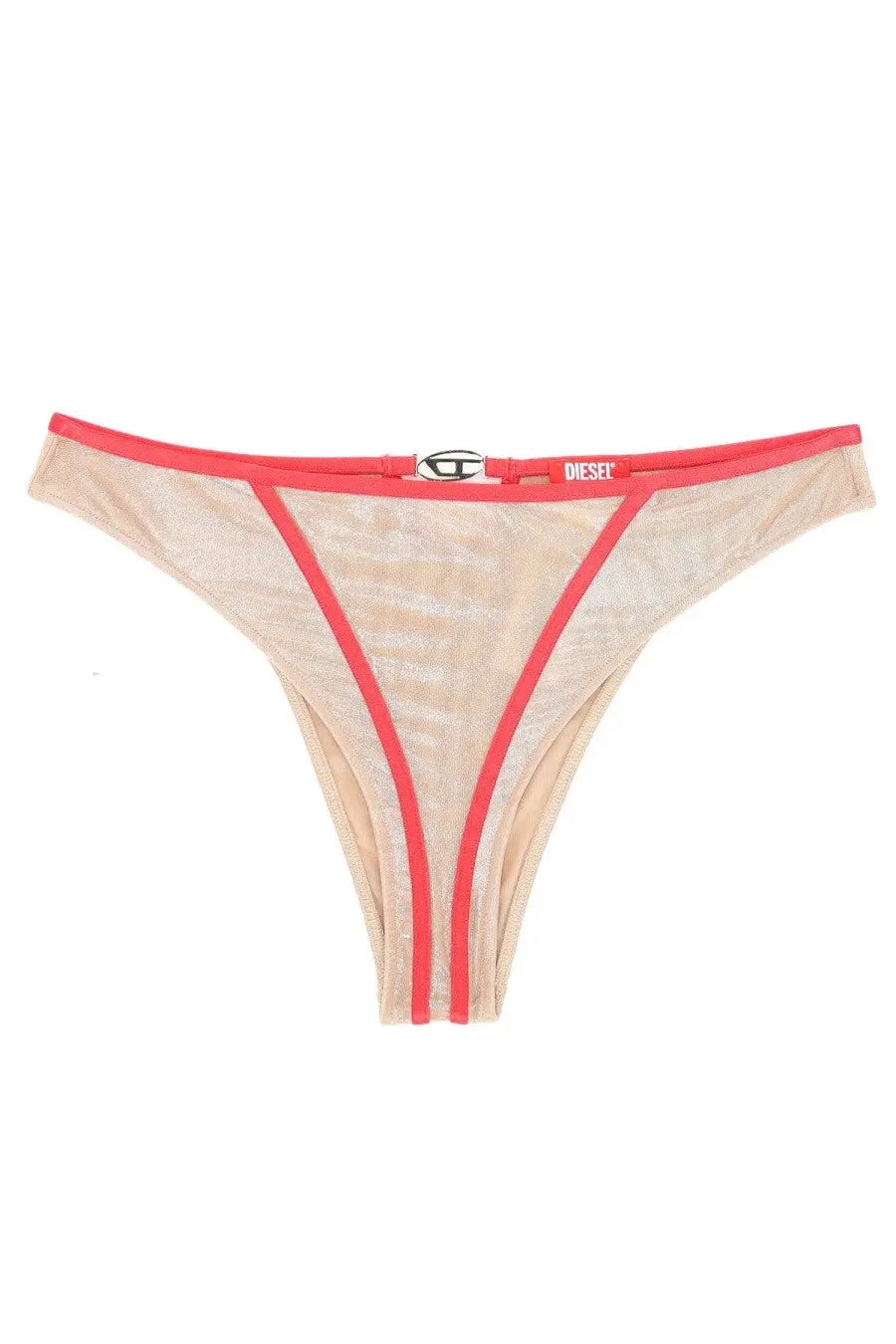 Diesel women’s Janie Gft briefs beige sheer mesh thong with vibrant coral trim and diesel logo buckle waistband