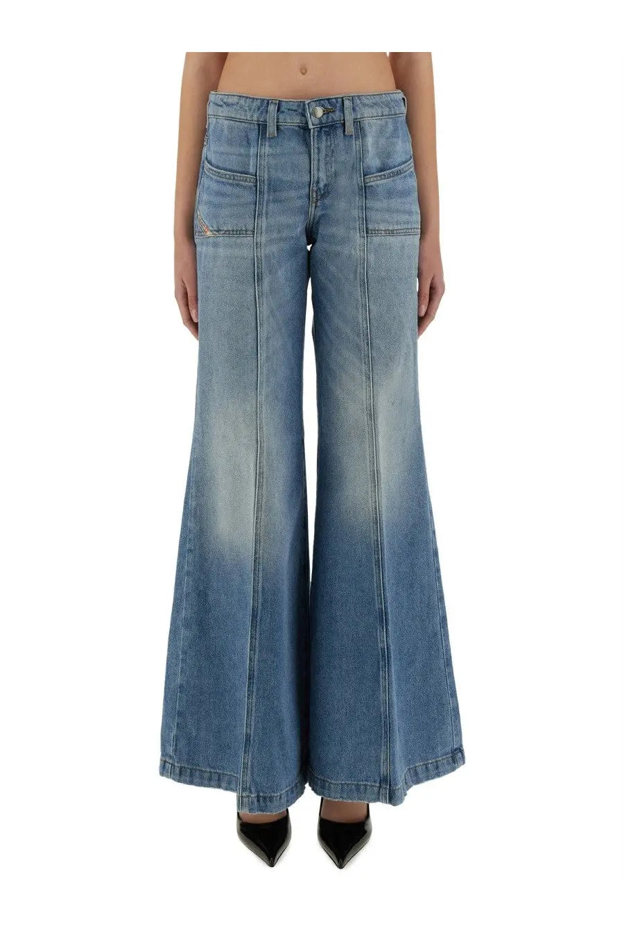 Diesel women’s jeans akii oclba blue light-wash denim flare pants with faded distressed look and visible stitching details