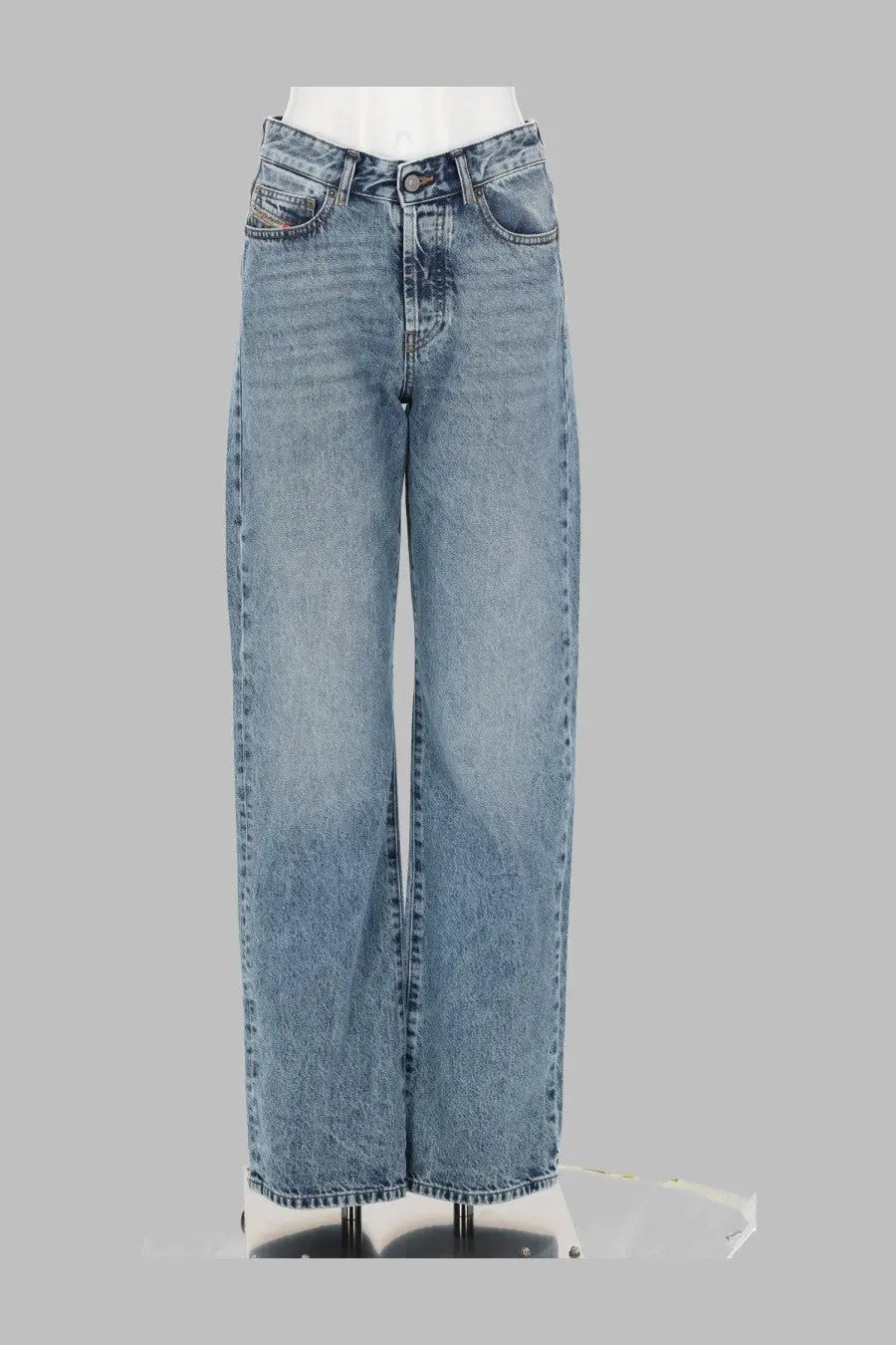 Diesel women’s light-wash denim jeans in sent blue with wide-leg cut five-pocket design subtle fading and distressing