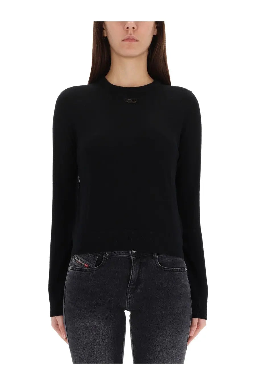 Diesel womens black long-sleeved knit top with subtle logo at neckline made from soft jersey fabric
