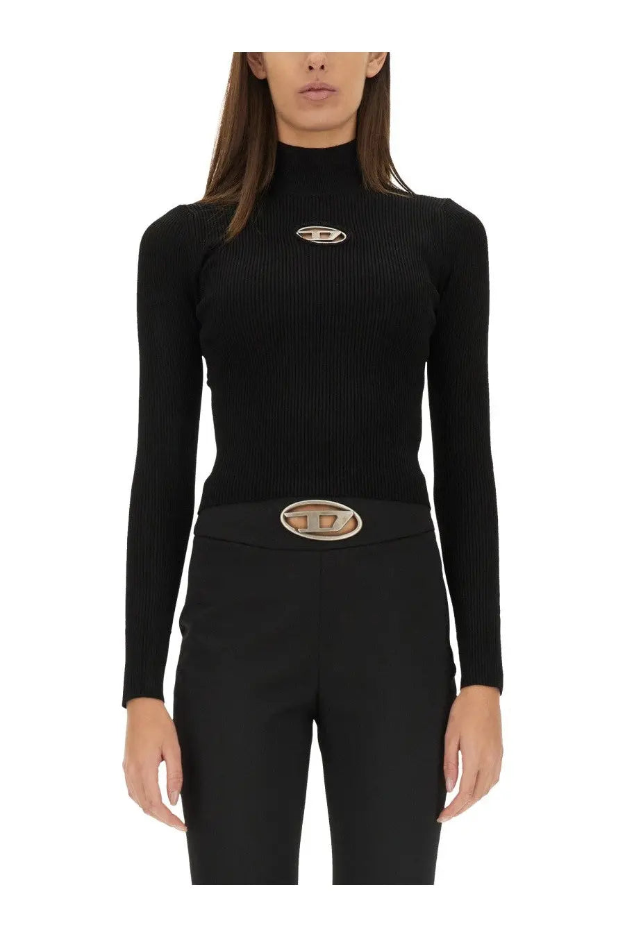 Black ribbed Diesel women’s jersey Valari turtleneck top with metallic logo detail made from soft fabric
