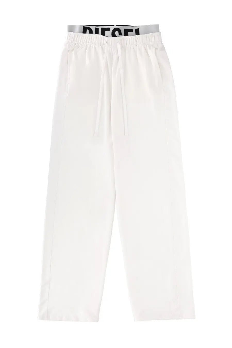 Diesel women’s jogger pants leslie pop white featuring white fabric and gray waistband with black Diesel logo lettering