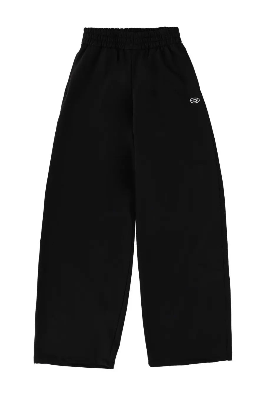 Diesel women’s jogger pants Zenia black with wide-leg design elastic waistband and small white embroidered logo on left leg