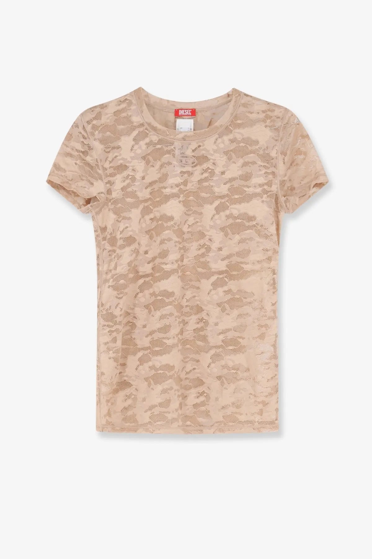 Diesel women’s kasia utlt lace shirt pink short-sleeved beige camouflage t-shirt with subtle mesh texture and red diesel tag