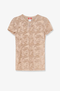Diesel women’s kasia utlt lace shirt pink short-sleeved beige camouflage t-shirt with subtle mesh texture and red diesel tag