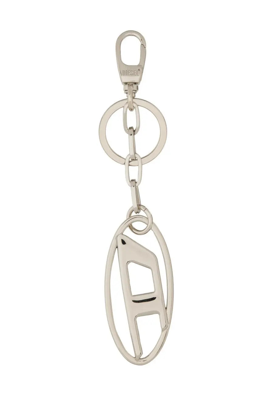 Diesel women’s silver metallic keychain with an oval cutout and abstract geometric design in silver metal