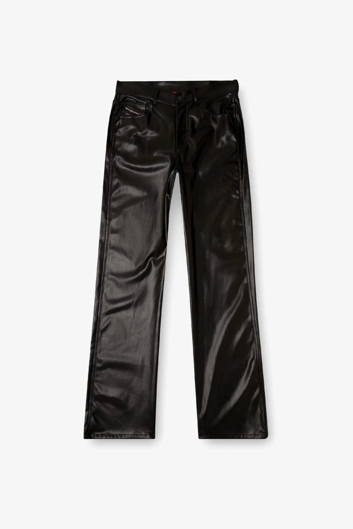 Diesel women’s Lain black faux leather trousers with glossy finish straight-leg cut and denim-style front pockets