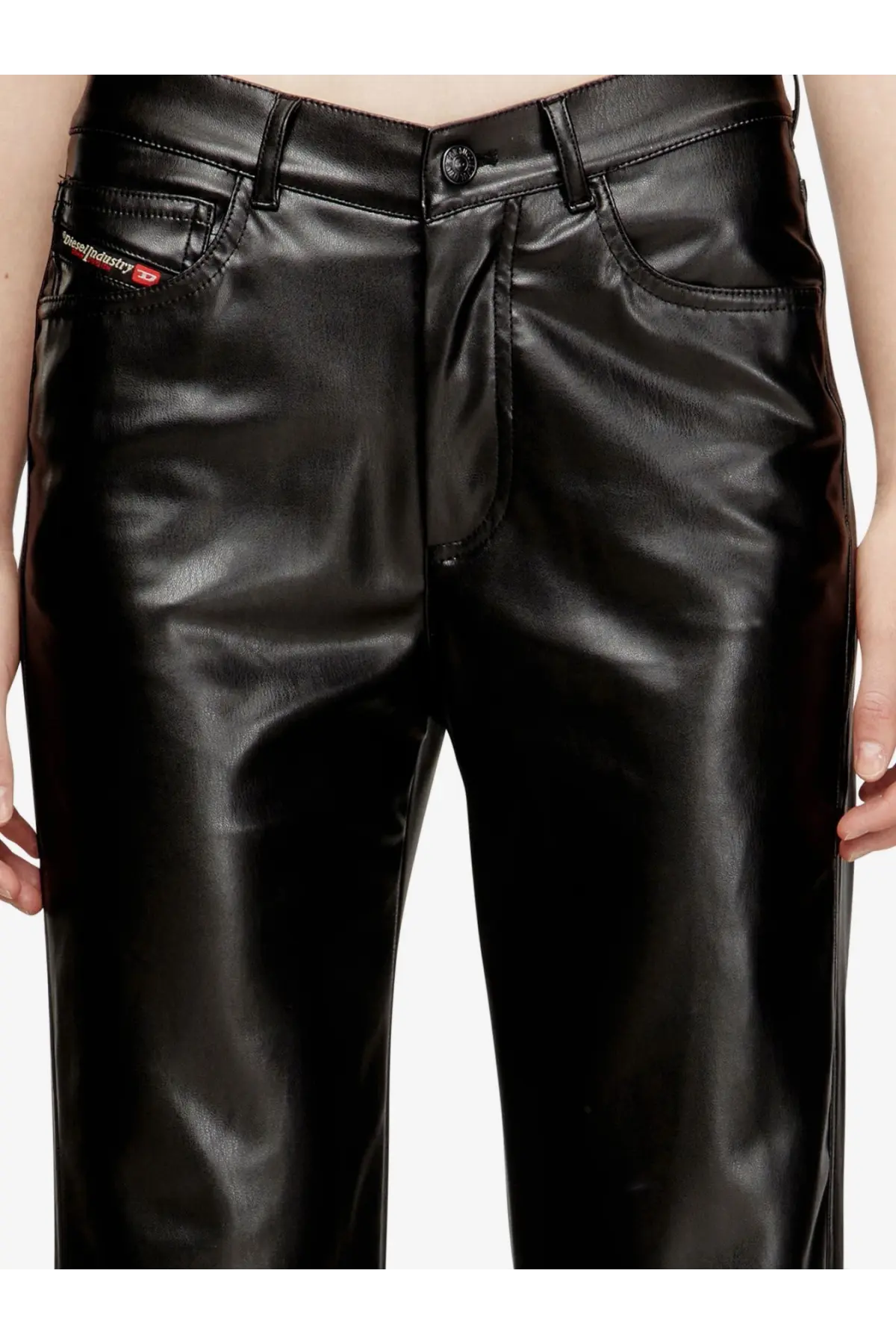 Diesel women’s lain faux leather trousers black with sleek glossy finish and classic denim-style pockets back view
