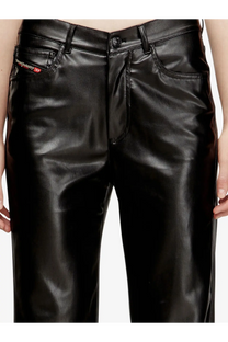 Diesel women’s Lain black faux leather trousers with sleek glossy finish and classic denim-style pockets back view