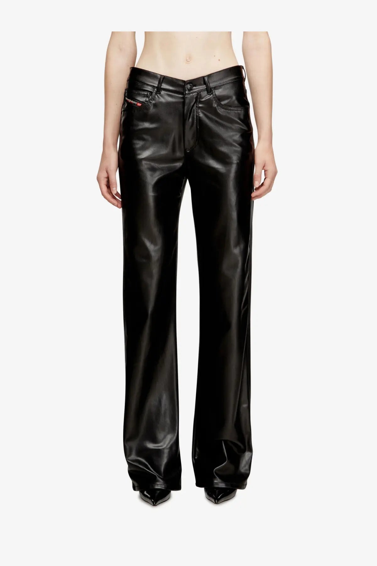 Diesel women’s lain black patent leather wide-leg trousers with five-pocket design and red logo on waistband