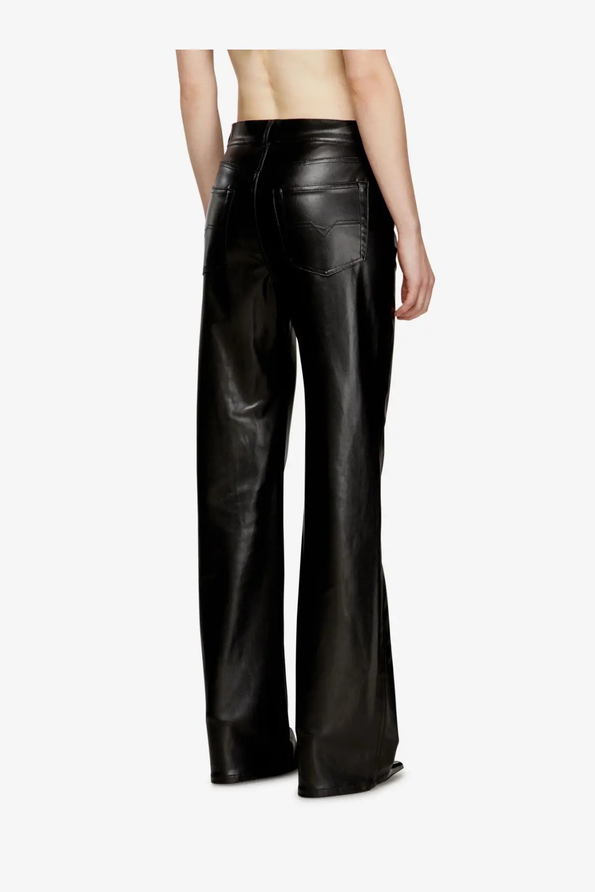 Black faux leather wide-leg pants with high waist and classic back pockets shown from the back by Diesel women