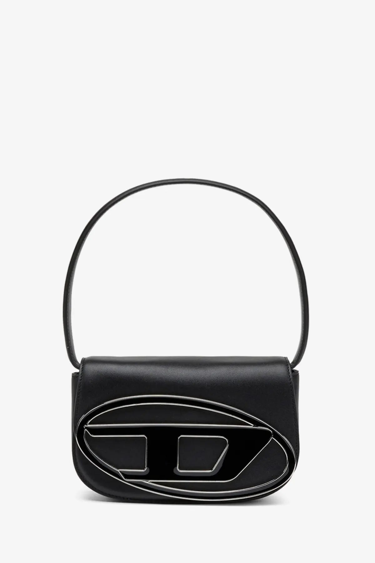 Diesel women’s black leather shoulder bag with glossy oval logo emblem and silver-toned metallic outlines