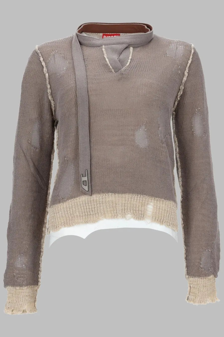 Diesel womens maglia sfrangiata dracarina grey taupe knit sweater with sheer mesh overlay frayed edges and beige hem