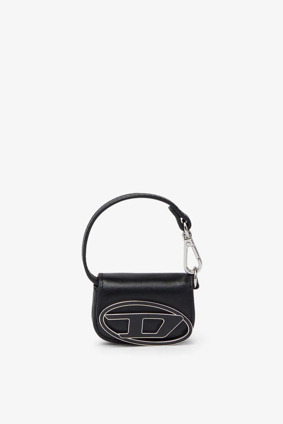 Diesel women’s micro leather charm black mini handbag with black leather, silver logo emblem, and circular handle