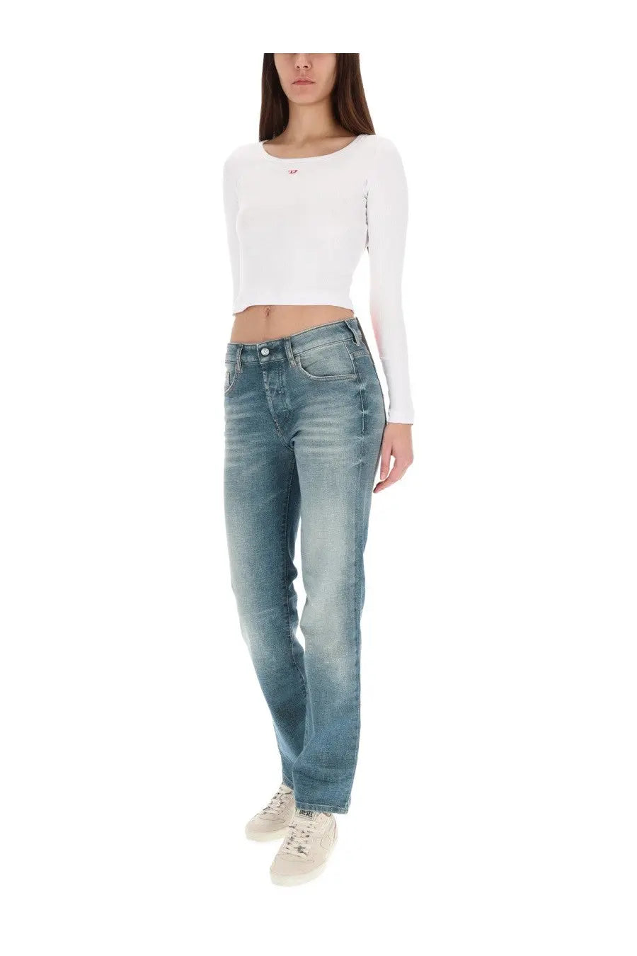 Diesel women’s mine jeans blue medium-wash denim with straight-leg cut and classic five-pocket design