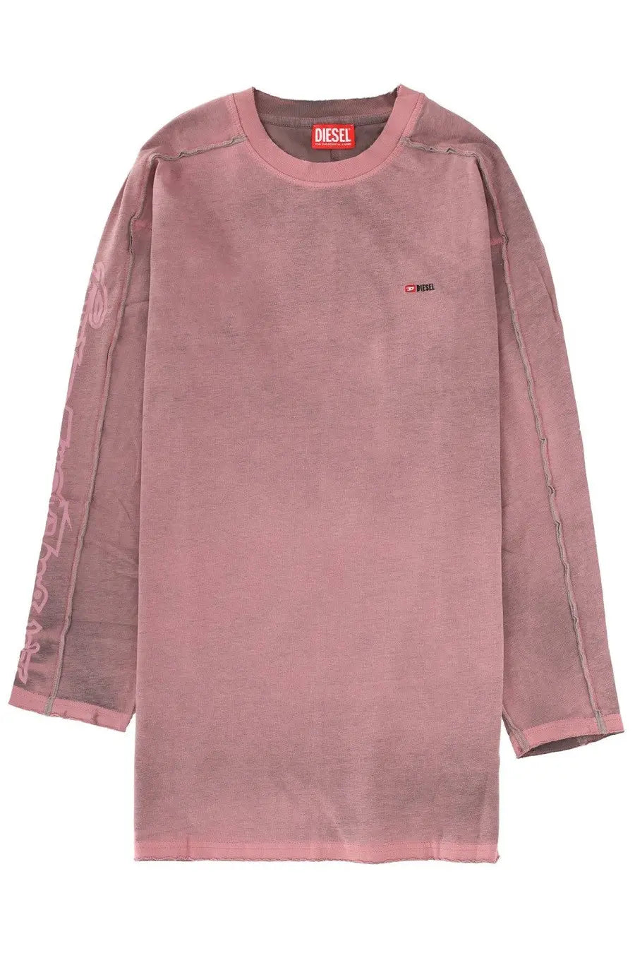 Pink long-sleeved diesel t-shirt with distressed seams and subtle embroidered branding for women