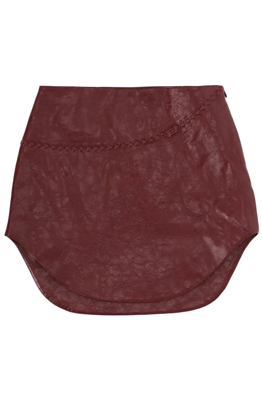 Diesel women’s miniskirt Hara red maroon leather with textured surface and braided stitching along the waistband