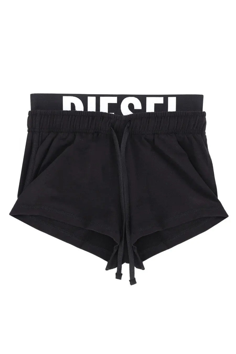 Diesel women’s miranda pop black shorts with white logo waistband and drawstring ties for casual wear