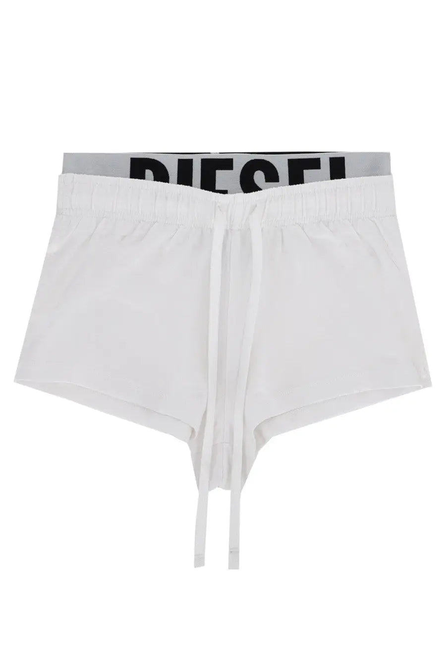 Diesel women’s Miranda Pop white shorts with a gray waistband black lettering and drawstring closure