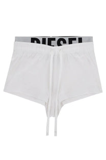 Diesel women’s Miranda Pop white shorts with a gray waistband black lettering and drawstring closure